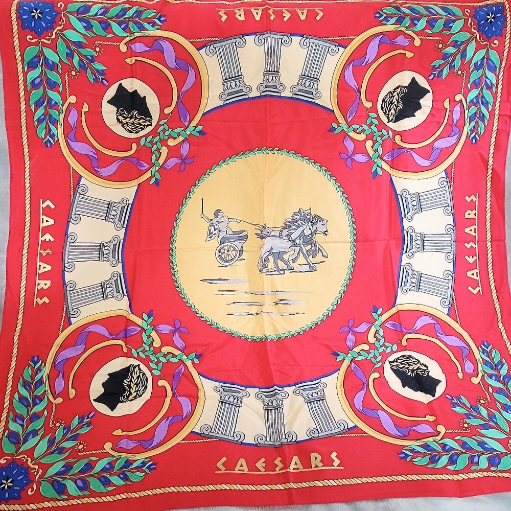 Vintage 1960s 60s Red Caesars Palace Silk Scarf Horse & Chariot Design